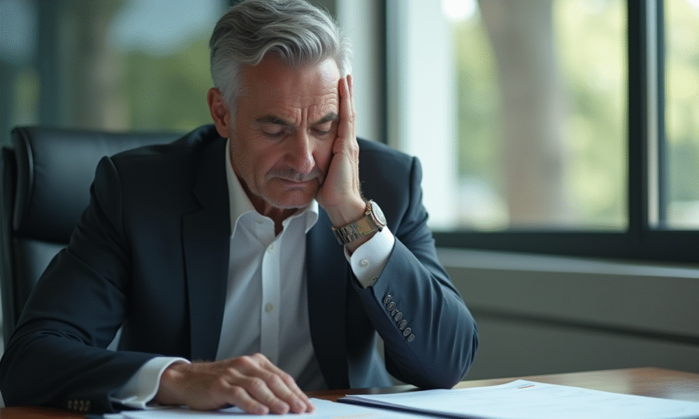 Executif senior pensif dans un bureau moderne en pleine lumière