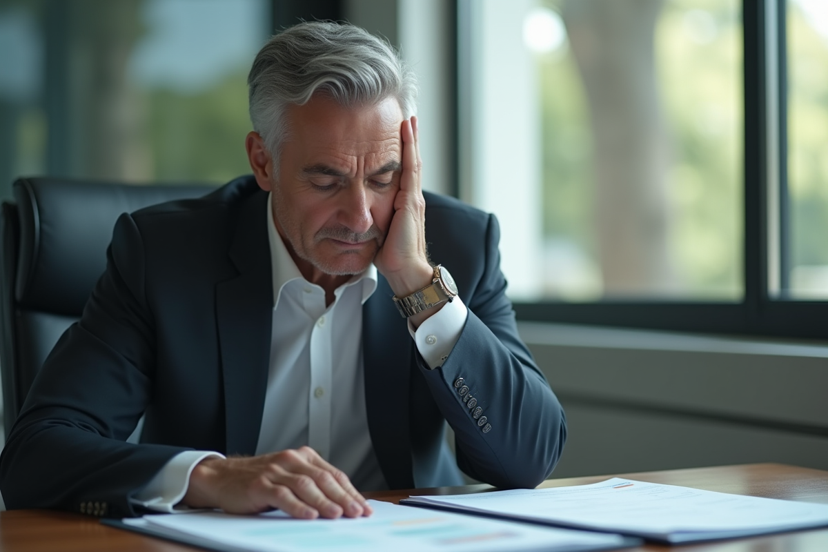 Executif senior pensif dans un bureau moderne en pleine lumière