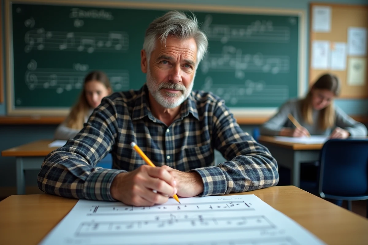 Homme adulte annotant un exercice de solfège sur la clé de fa dans une salle de cours de musique