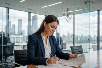 Jeune femme d'affaires en réunion dans un bureau moderne