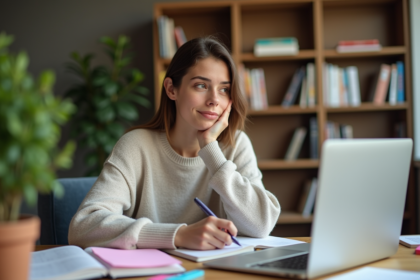 Jeune femme studieuse à la maison avec livres et ordinateur
