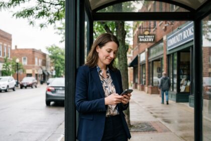 Femme en blouse regardant son téléphone à l'arrêt de bus