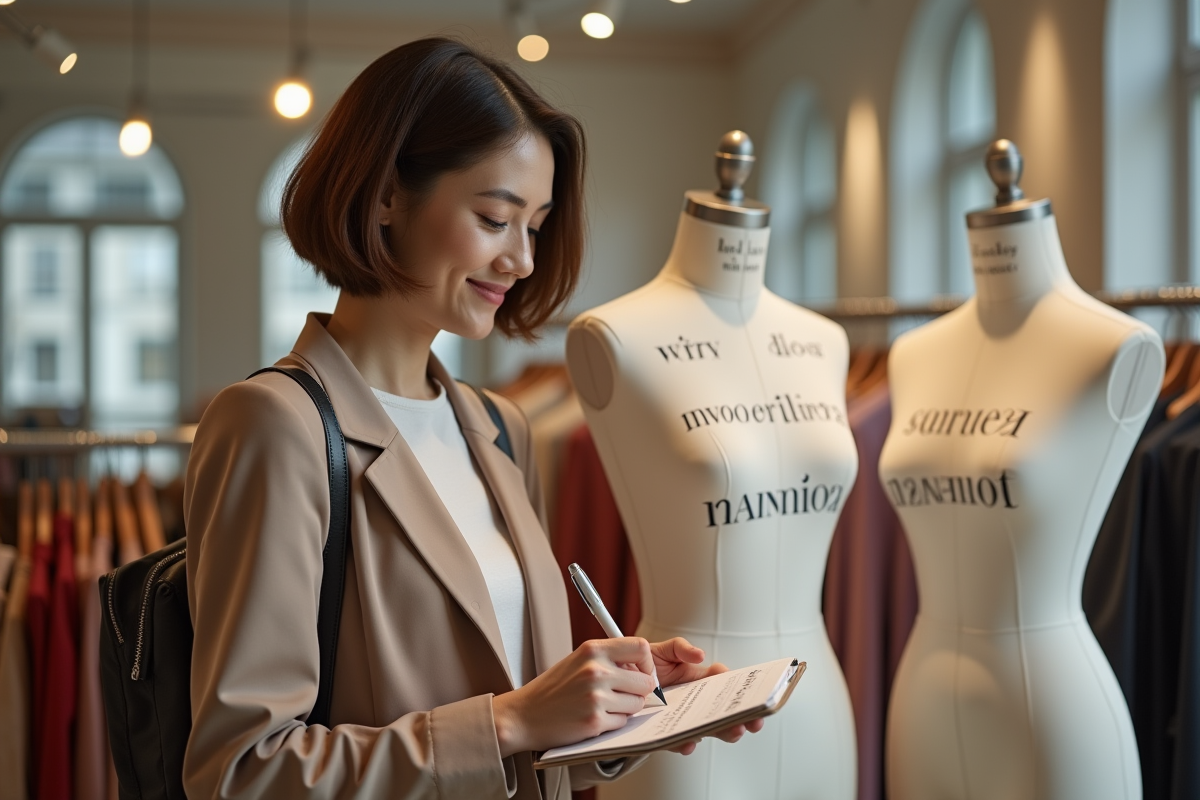 Femme dans une boutique de mode écrivant sur un carnet