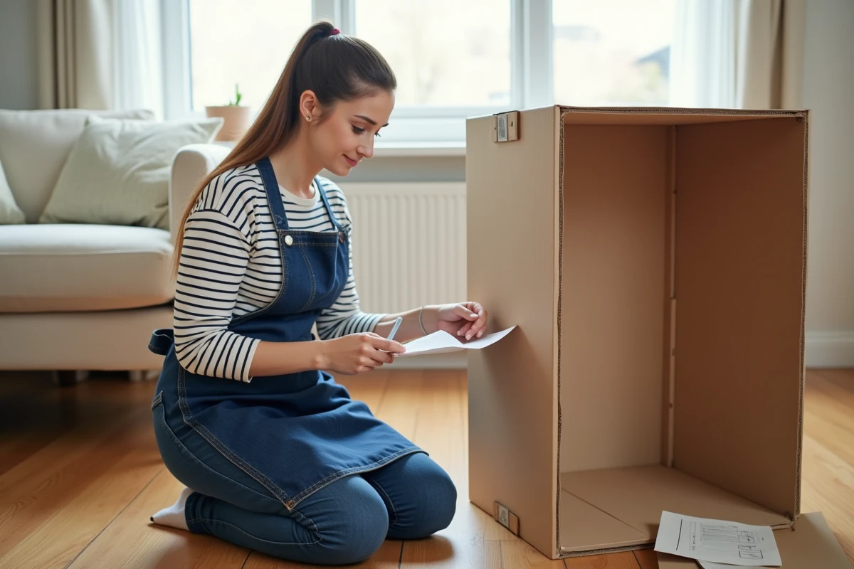 Femme bricolant un meuble en kit dans un salon en suivant les instructions d'une formation bricolage débutant