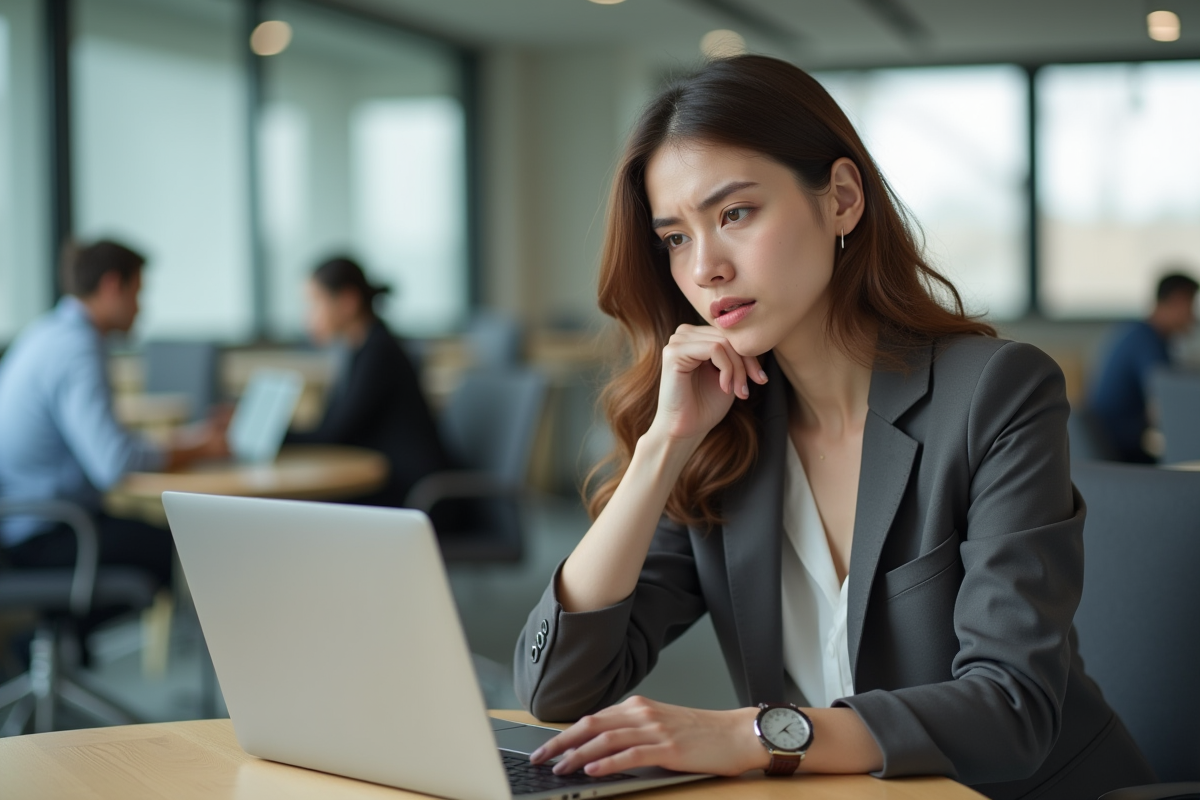 Femme au bureau en réflexion dans un espace moderne