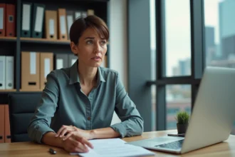 Femme au bureau en pleine réflexion avec papiers et ordinateur