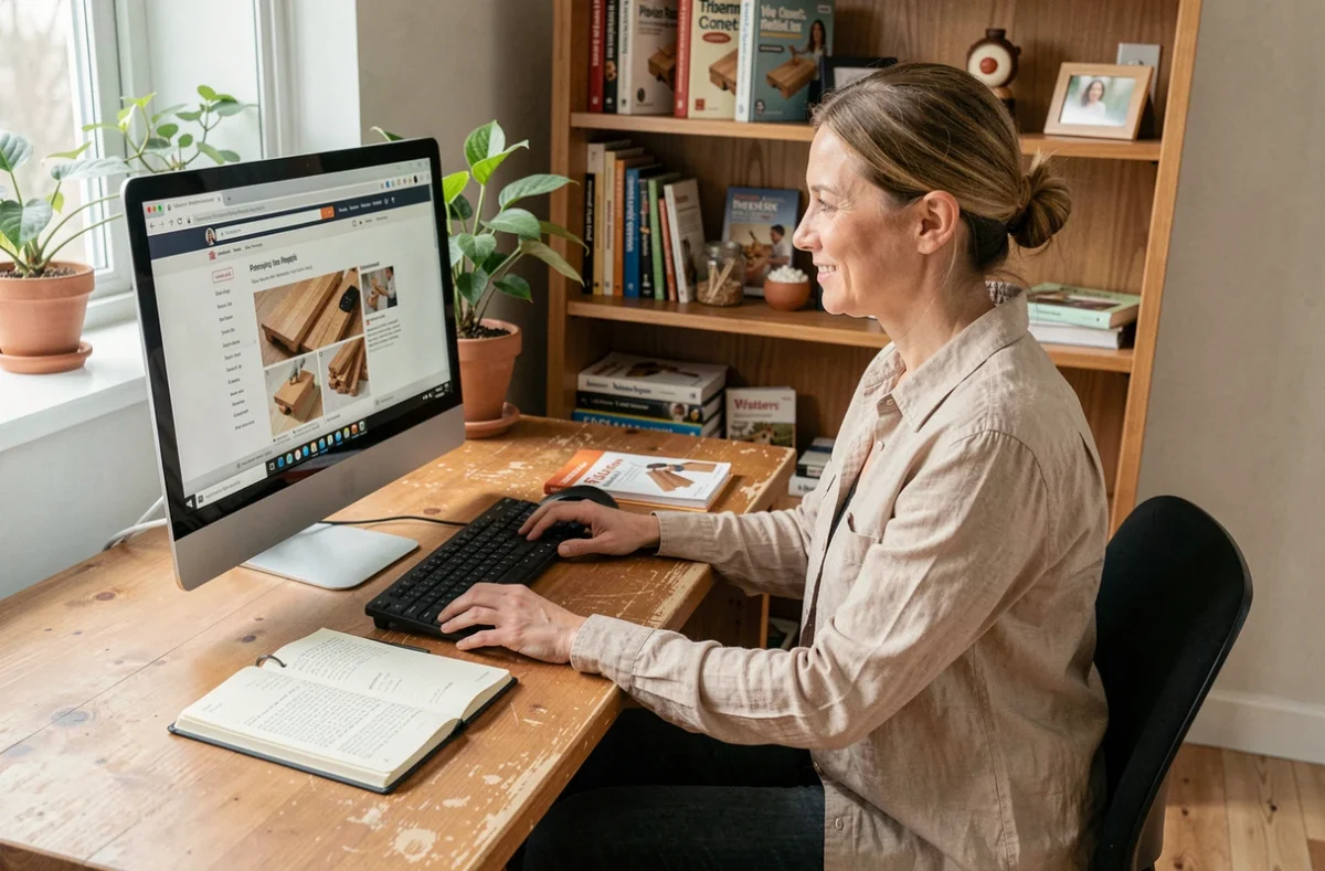 Une femme recherche des options de financement pour une formation en menuiserie sur son ordinateur de bureau à domicile