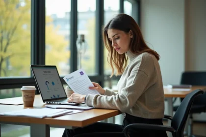 Femme au bureau regardant un document formation tarifs