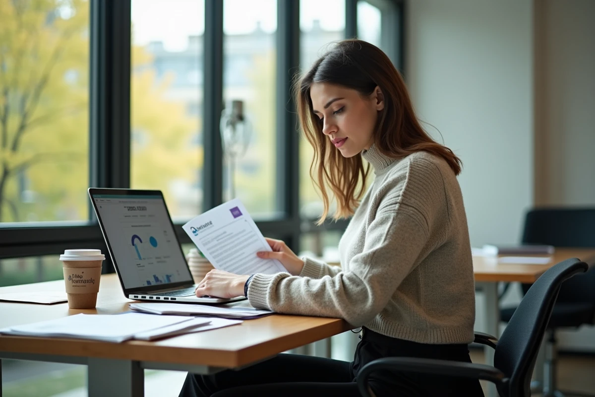 Femme au bureau regardant un document formation tarifs