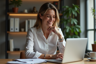 Femme d'âge moyen souriante dans un bureau moderne