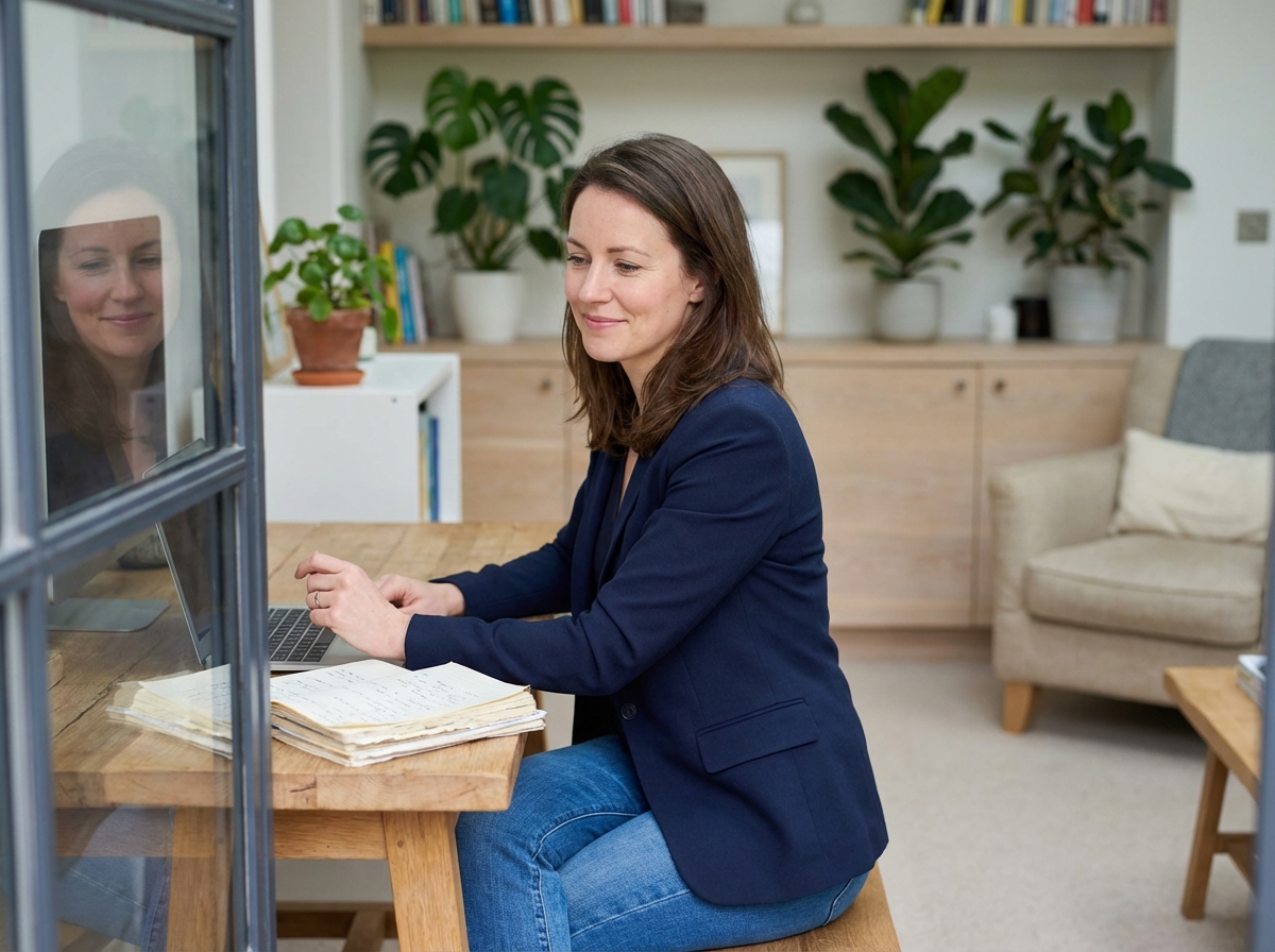 Femme réfléchie dans un bureau moderne et cosy
