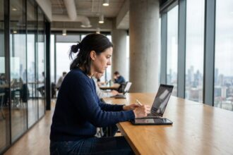 Femme en coworking avec ordinateur et tablette