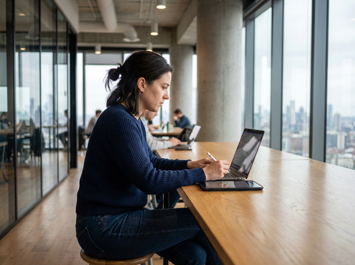 Femme en coworking avec ordinateur et tablette