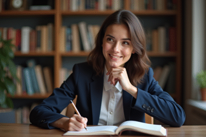 Jeune femme au bureau en train d'écrire dans un carnet