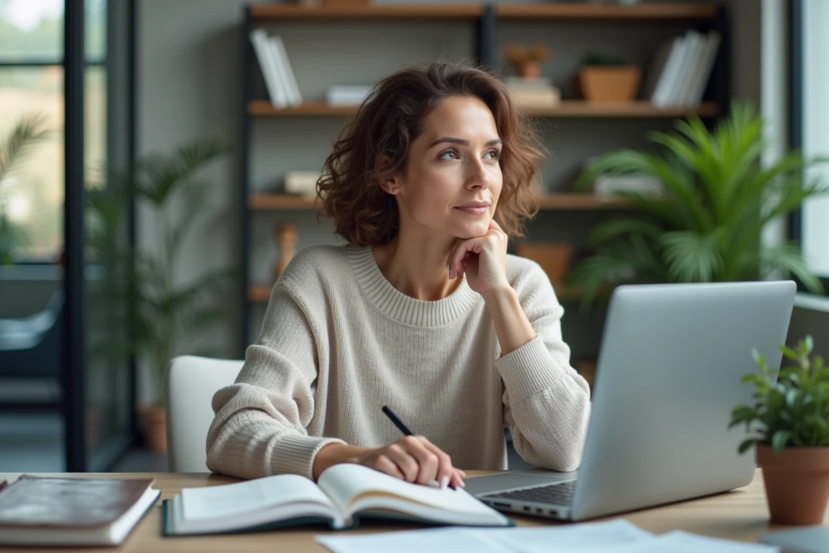 Femme en bureau moderne prenant des notes lors d'une réunion