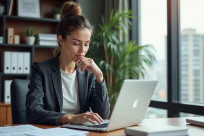 Femme concentrée au bureau en tenue professionnelle