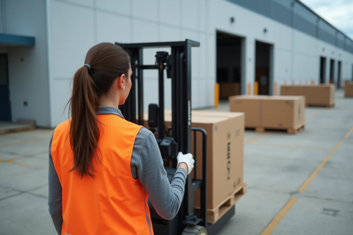 Femme intérimaire certifiée CACES 3 manœuvrant un chariot contrebalancé sur un quai de chargement industriel
