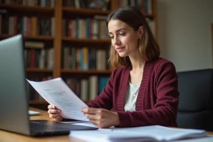 Femme comparant des formations ACACED en ligne à son bureau à domicile
