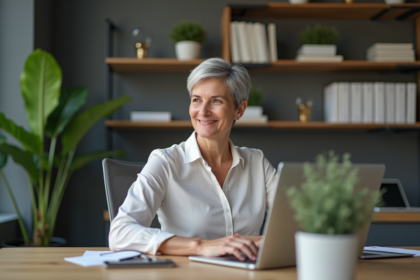 Femme confiante de 50 ans travaillant sur un ordinateur