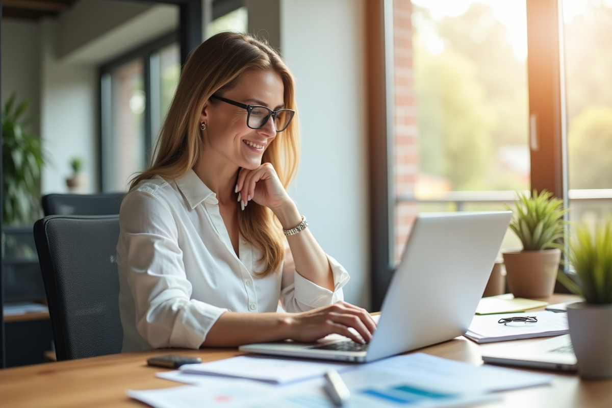 Femme confiante travaillant dans un bureau lumineux