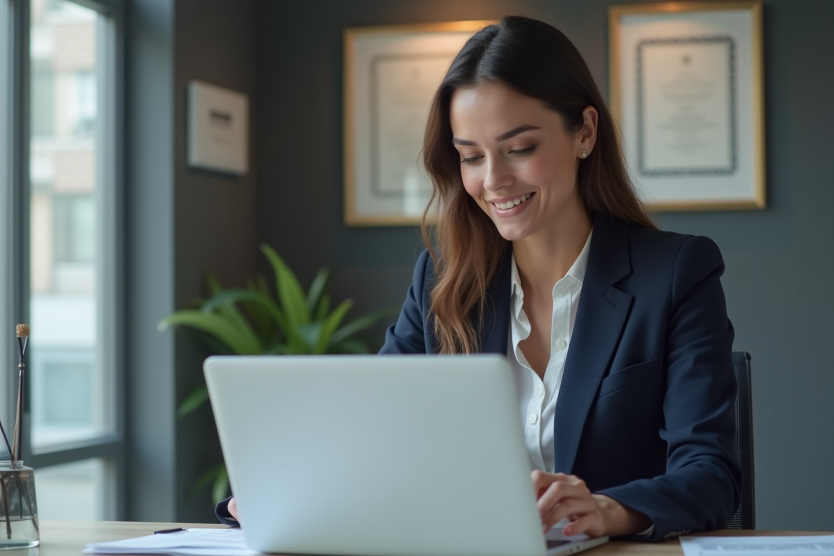 Femme confiante ajustant son CV dans un bureau moderne