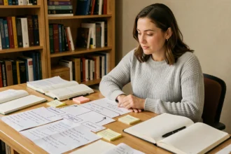 Femme organisant ses notes avec connecteurs logiques pour structurer introduction, développement et conclusion sur un bureau en bois