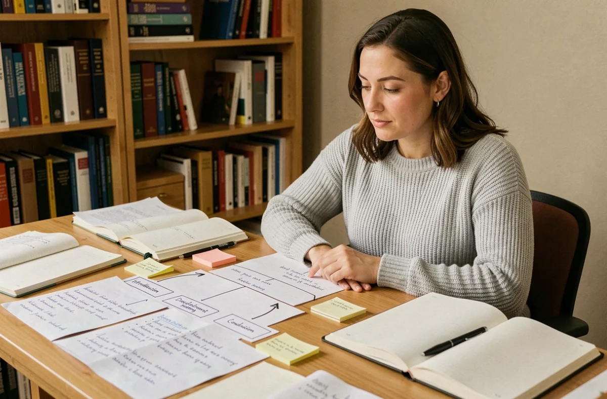 Femme organisant ses notes avec connecteurs logiques pour structurer introduction, développement et conclusion sur un bureau en bois