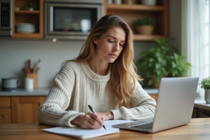 Femme en cuisine suivant un cours en ligne sur son ordinateur