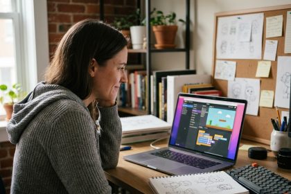 Une femme créant un jeu vidéo sans coder sur un logiciel visuel depuis son bureau à domicile