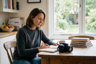 Femme de quarantaine dans sa cuisine avec carnet et appareil photo