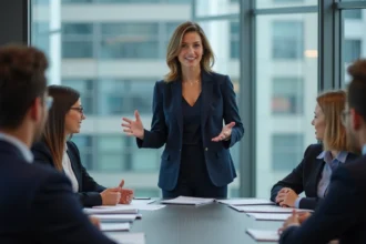 Femme confiante en costume navy dirige une réunion
