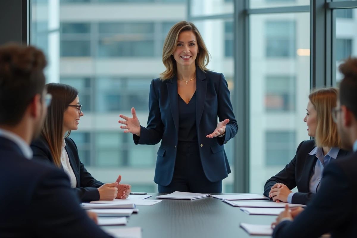 Femme confiante en costume navy dirige une réunion