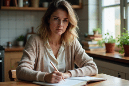 Femme en cardigan écrivant dans un journal à la maison