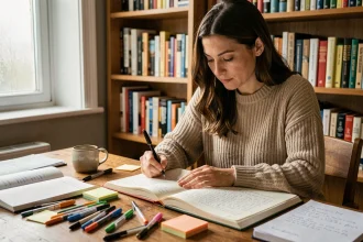 Femme écrivant dans un journal sur un bureau en bois entouré de cahiers et de stylos, illustrant les exercices d'écriture quotidiens