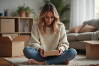 Femme en sweater emballant des petits colis dans un intérieur chaleureux