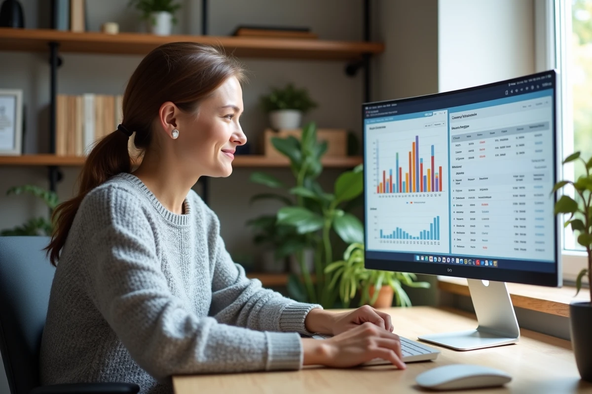 Femme entrepreneur analysant ses campagnes emailing depuis son bureau à domicile pour vivre de ses formations en ligne