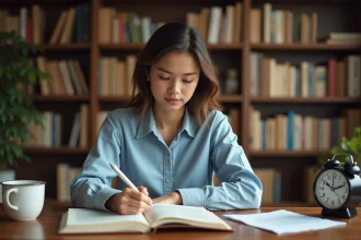 Jeune femme étudiant l'heure en anglais AM et PM avec un manuel ouvert et une horloge analogique sur son bureau en bois