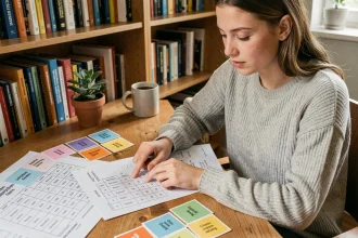 Jeune femme étudiant les tableaux de déclinaison allemande avec des fiches colorées sur un bureau en bois