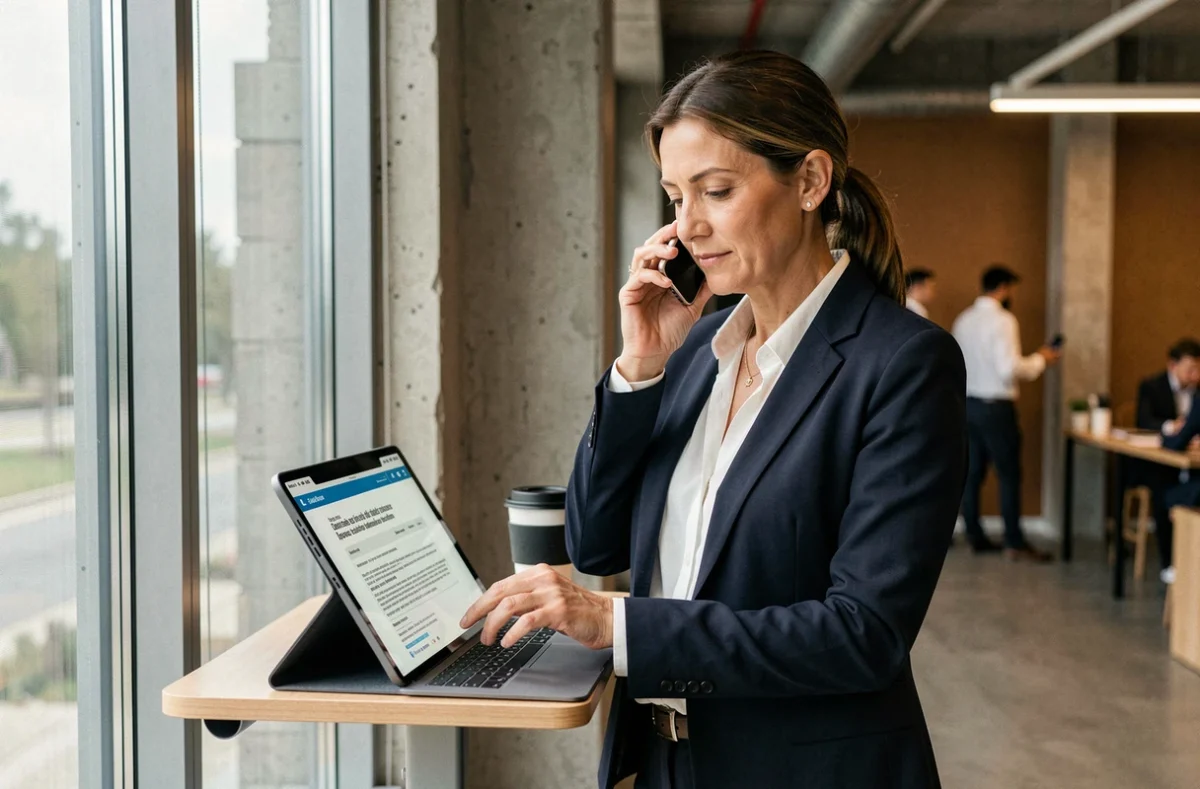 Femme expatriée consultant des formulaires SCEI sur tablette dans un espace de coworking international