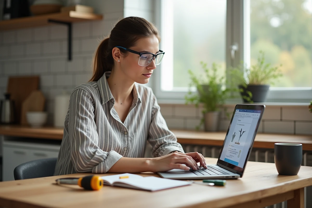 Femme suivant une formation bricolage en ligne sur ordinateur portable à la maison, avec des outils posés sur la table, représentant l'apprentissage du bricolage via le CPF