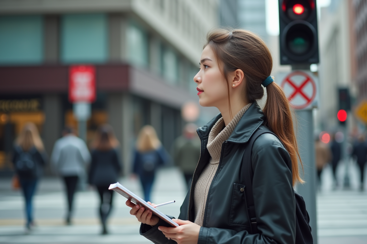 Jeune femme attend à un passage piéton urbain