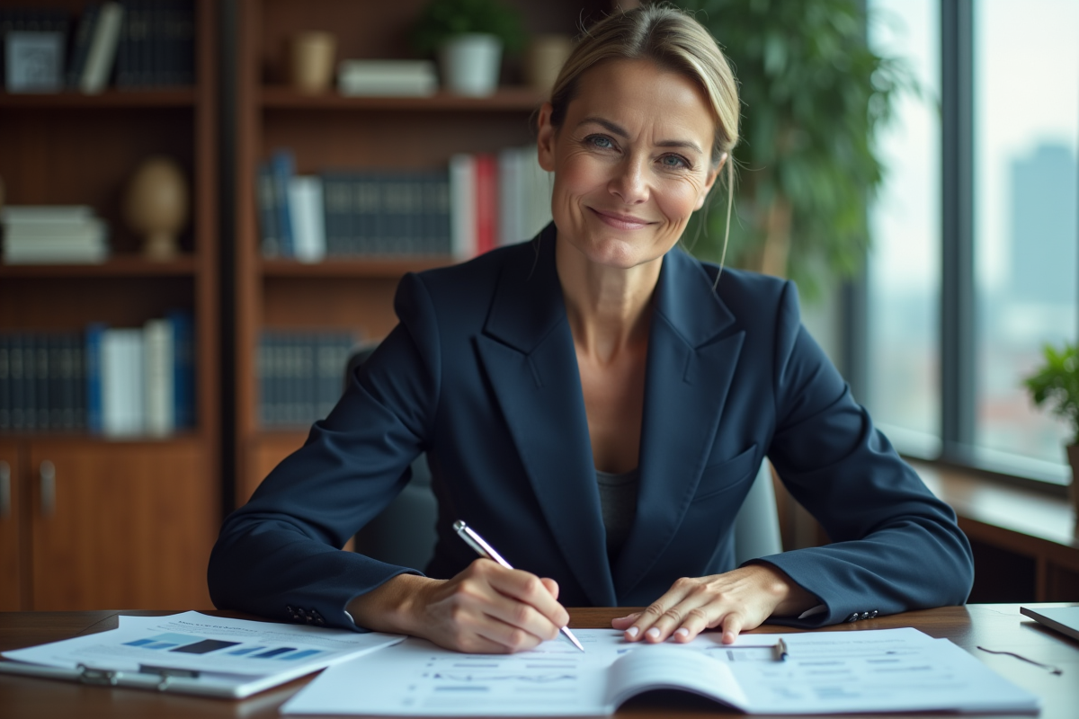 Femme manager en bureau privé analysant des documents stratégiques