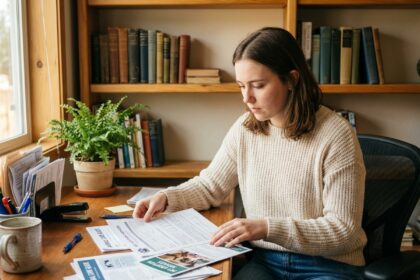 Jeune femme organisant des papiers dans un bureau à domicile