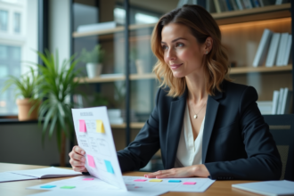Femme en blazer étudiant un plan de développement personnel