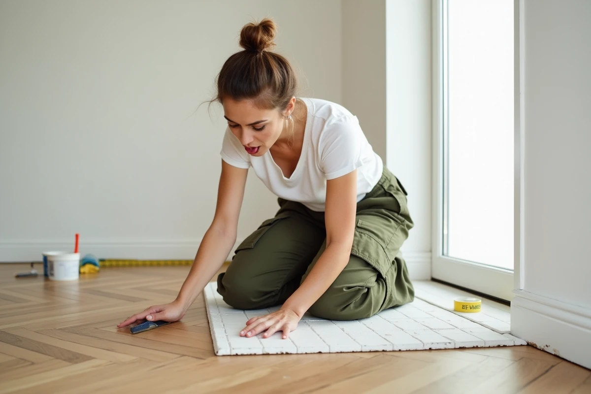 Femme posant des dalles adhésives sur parquet dans un salon, projet bricolage maison inspiré des cours en ligne Bricoludik
