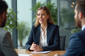 Femme en blazer navy discutant en réunion moderne