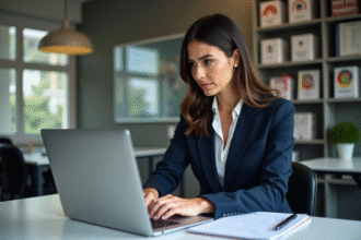 Femme en blazer navy utilisant le CIVC extranet dans un bureau moderne