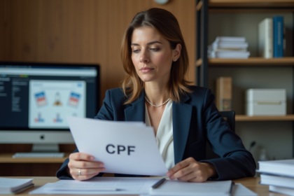 Femme professionnelle tenant un document CPF dans un bureau moderne