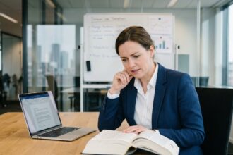 Femme professionnelle hésitante avec dictionnaire dans un bureau