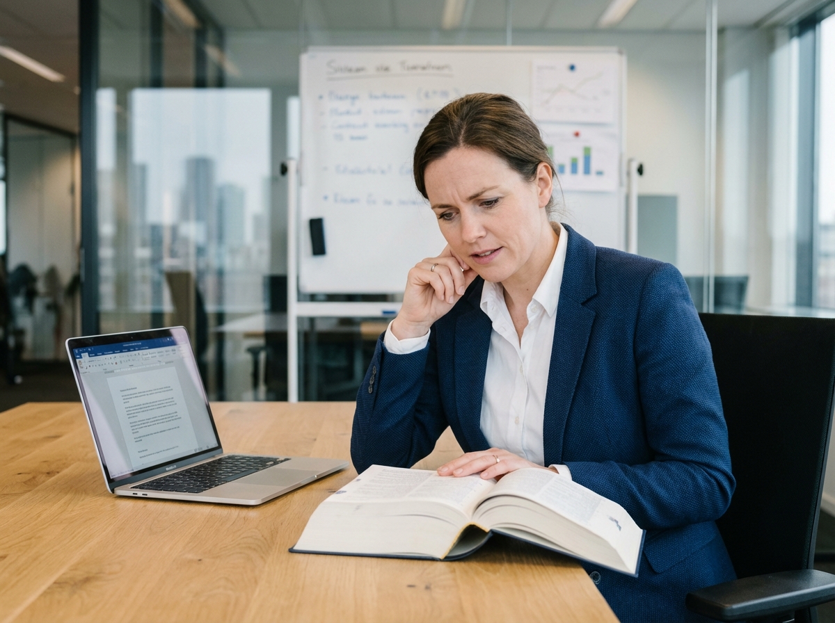 Femme professionnelle hésitante avec dictionnaire dans un bureau